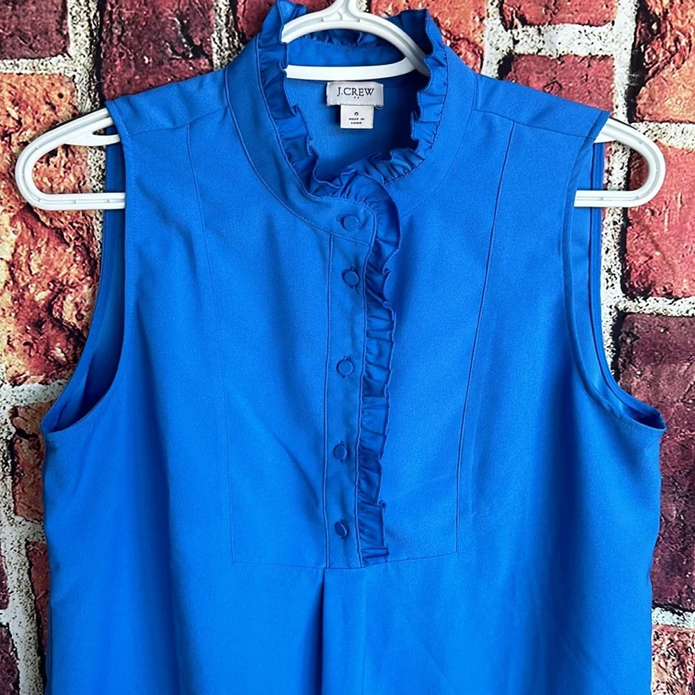 J Crew Shirt Womens 6 Blue Sleeveless Half Button Up Ruffle Polyester Large